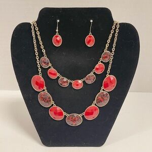 3 pc Gold Tone Solid and Animal Print Red Bead Bib Necklace and Earrings Set